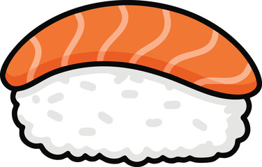 Close-up of a salmon sushi piece, showing the orange salmon and white rice.