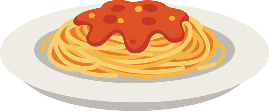 A plate of spaghetti with tomato sauce on top, cartoon style.