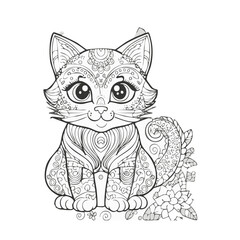 Obraz premium Intricate Black and White Line Art of a Cat, Detailed Floral Cat Illustration, Cute Animal Design
