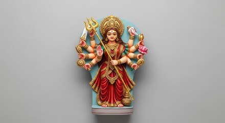 Colorful statue of goddess durga with multiple arms holding weapons against a gray background