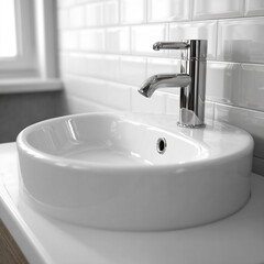 Modern bathroom design featuring a sleek, white ceramic sink with a polished chrome faucet, perfect for home renovation projects and architectural visualizations