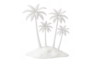 Four white palm trees growing on a white desert island with transparent background