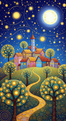 Whimsical Fairytale Night Village with Glowing Lights and Dreamy Moonlit Sky