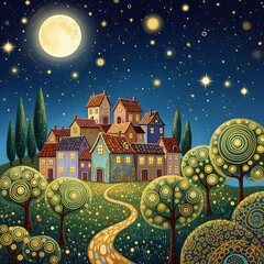 Whimsical Fairytale Night Village with Glowing Lights and Dreamy Moonlit Sky