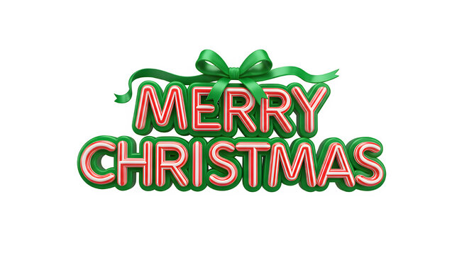 3D "Merry Christmas" Text with Candy Cane Stripes and Green Bow