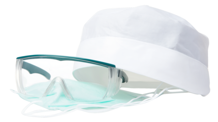 Surgical cap and protective eyewear, doctor safety gear, (clean modern detail, transparent isolated background	
