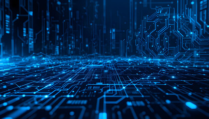 Vibrant digital network glowing with electric blue data streams, representing future technology, artificial intelligence, and global connectivity in a dynamic abstract concept