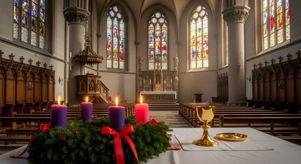 Advent wreath with lit candles and golden chalice inside a church