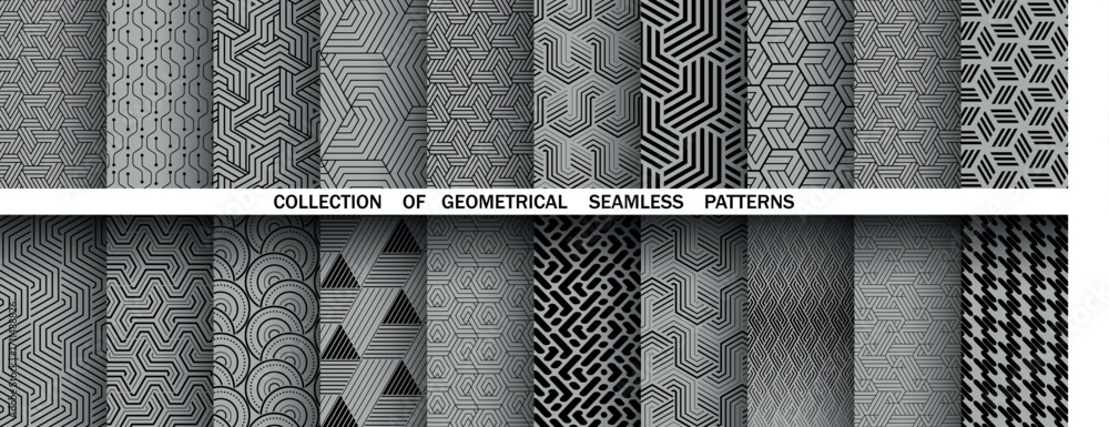 Poster geometric set of seamless black and gray patterns. simple vector graphics