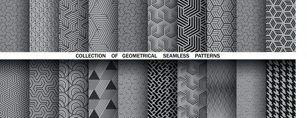 Geometric set of seamless black and gray patterns. Simple vector graphics