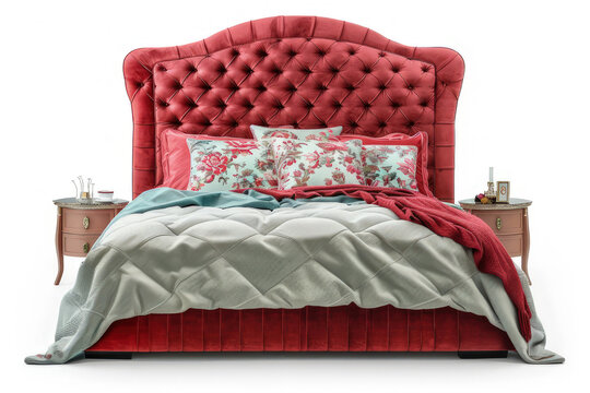 A luxurious red upholstered bed with decorative pillows and blankets, designed for comfort.