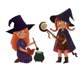Cute little witch girl illustration in cartoon style. Halloween design, children’s book, fantasy art, and digital stickers.