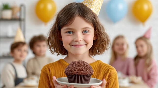 A joyful child holds a chocolate cupcake at a birthday celebration, surrounded by friends and festive decorations.