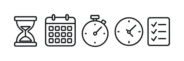 Minimalist time management icons: hourglass, calendar, stopwatch, clock, checklist