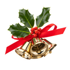  Gold Jingle Bells with Holly and Red Ribbon