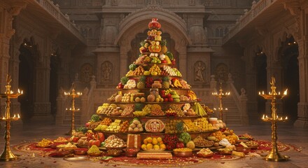 Annakut Festival, Giant pyramid of sweets, fruits and dishes arranged before temple altar, lamps glowing around the base