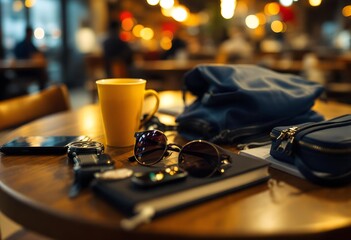 Casual Coffee Break: Personal Belongings on a Wooden Table in a Busy Cafe