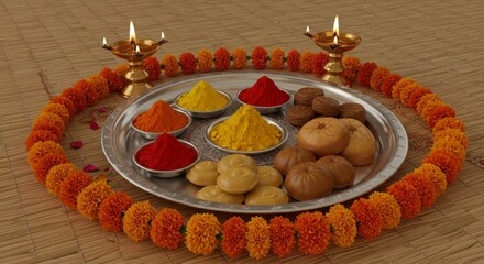 Bhai Tika, Silver plate filled with tika powders, marigold garlands and sweets, lit by warm oil lamps