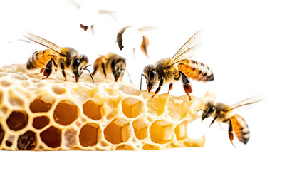 Bees on a honeycomb isolated on transparent background, capturing the essence of apiculture and the natural process of honey production in a clean, detailed shot