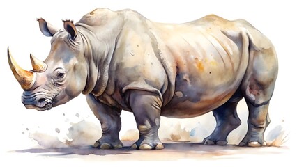 Fototapeta premium Watercolor painting of a rhino standing isolated on white background, showcasing its powerful build and horn
