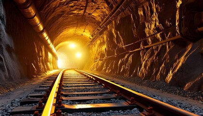 Obraz premium Railway track leading into illuminated tunnel