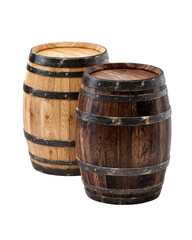 Obraz premium Two wooden barrels, light and dark, with metal bands
