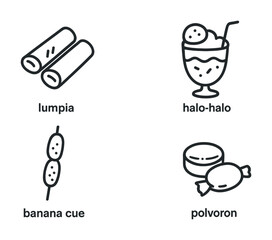 Icon set of filipino snacks: lumpia, halo-halo, banana cue, polvoron