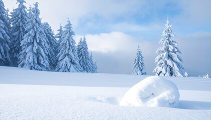 Obraz premium Snow Covered Spruce Trees in a Winter Landscape with Bright Cloudy Sky and Snow Drifts Under Bright Sunlight in Outdoor Environment