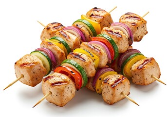Grilled Chicken Skewers with Vegetables on White Background 