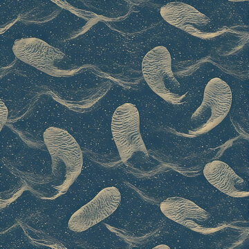 Abstract seamless pattern of blue jellyfish and sea shells underwater in the marine ocean water depicting nature and animal life in a medusa jelly illustration wallpaper