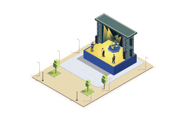 isometric Illustration of a Music Event stage, 3d Concept Isometric View of Concert Party Background and Stage Landscape.