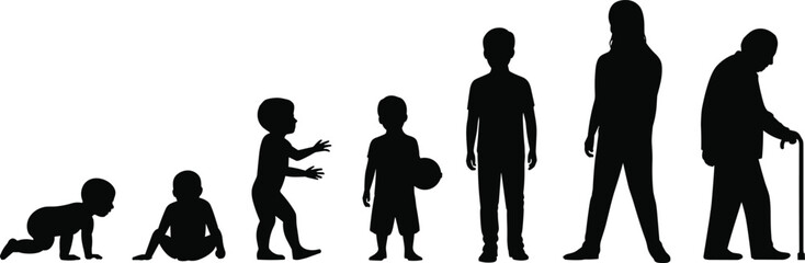 Silhouette of human life stages from baby crawling to elderly with cane, growth, childhood, adulthood, aging, concept design illustration.