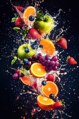 Artistic digital artwork featuring a dynamic splash of water and a variety of colorful fruits. The image is a vibrant composition of apples, strawberries, blueberries, and oranges