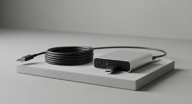 External solid state drive ssd with usb cable on a concrete block against a neutral background in a studio setting