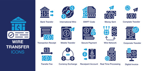 Wire Transfer icon set. Containing cash, online, network, transaction, financial and more. Solid vector icons collection. Vector illustration.