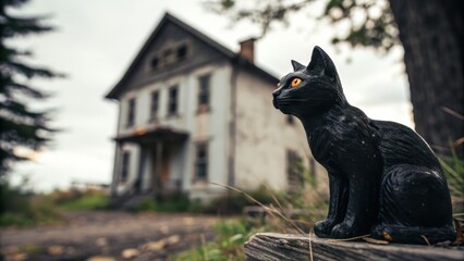 Black Cat Figurine in Front of Spooky Abandoned House