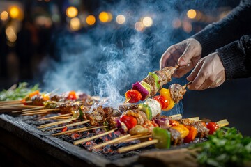 Outdoor grilled skewers with vibrant vegetables and meat over smoky charcoal barbecue
