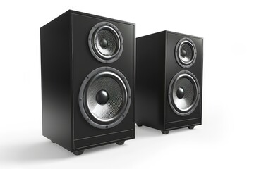 Fototapeta premium Two black audio speakers designed for high-quality sound reproduction.