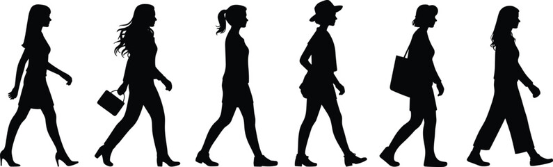 Silhouette of women walking in different poses, group of female figures in motion, fashion lifestyle, modern urban people illustration.