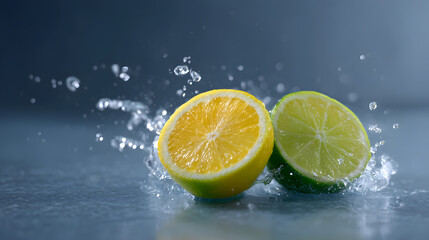 Citrus Burst: A vibrant citrus fruit halved, a symphony of refreshment as water droplets dance. Capture the essence of invigorating citrus fruit and fresh water.