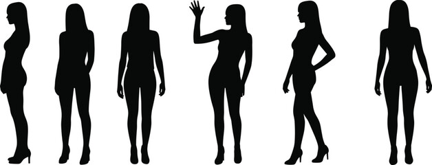 Silhouettes of young women, standing poses, stylish female figures, elegant fashion illustration, modern girl outline, black shape design art