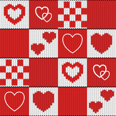 Knitted Red and White Heart Quilt. Seamless Knitted Pattern. Christmas Knitted Pattern. Valentine's Day Crochet Design. Cross Stitch Pattern. Sweater Pattern. Woven Texture Pattern.