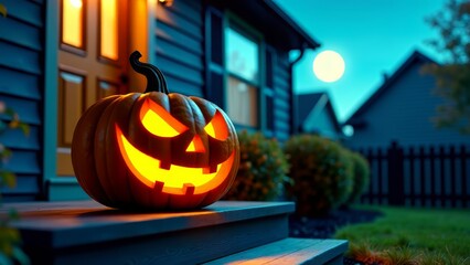 Halloween pumpkin on porch step at night