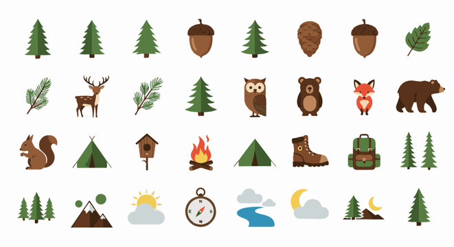 Evoke the spirit of the wilderness with these delightful camping and forest icons. Perfect for adventure-themed projects and nature-inspired designs.