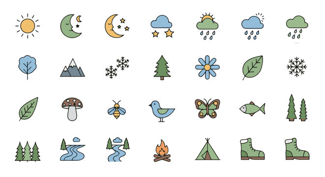 Hand-drawn style camping and outdoor icons featuring nature elements. Perfect for adding charm to your website, print material or graphic design.