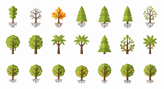A selection of stylized trees perfect for illustrations. With a variety of shapes, these trees bring a touch of nature to any project or serve as educational aids.