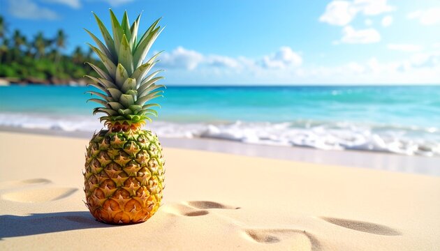 Pineapple on sandy beach, a cinematic shot capturing a tropical vacation, natural beauty, and summer refreshment.

