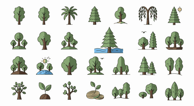 Explore diverse trees collection. This set offers natural landscapes and forest elements, ideal for creative designs and environmental projects.