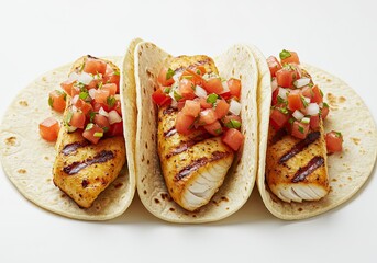 Grilled Fish Tacos with Pico de Gallo on White Background 