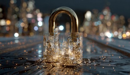 Cityscape Secured: Golden Padlock on Circuit Board